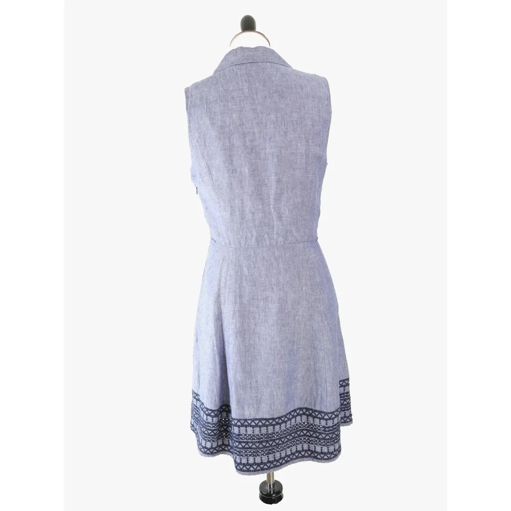 Tahari Size 4 Linen Sleeveless Shirt Dress Collared Embroidered Blue - Picture 4 of 12